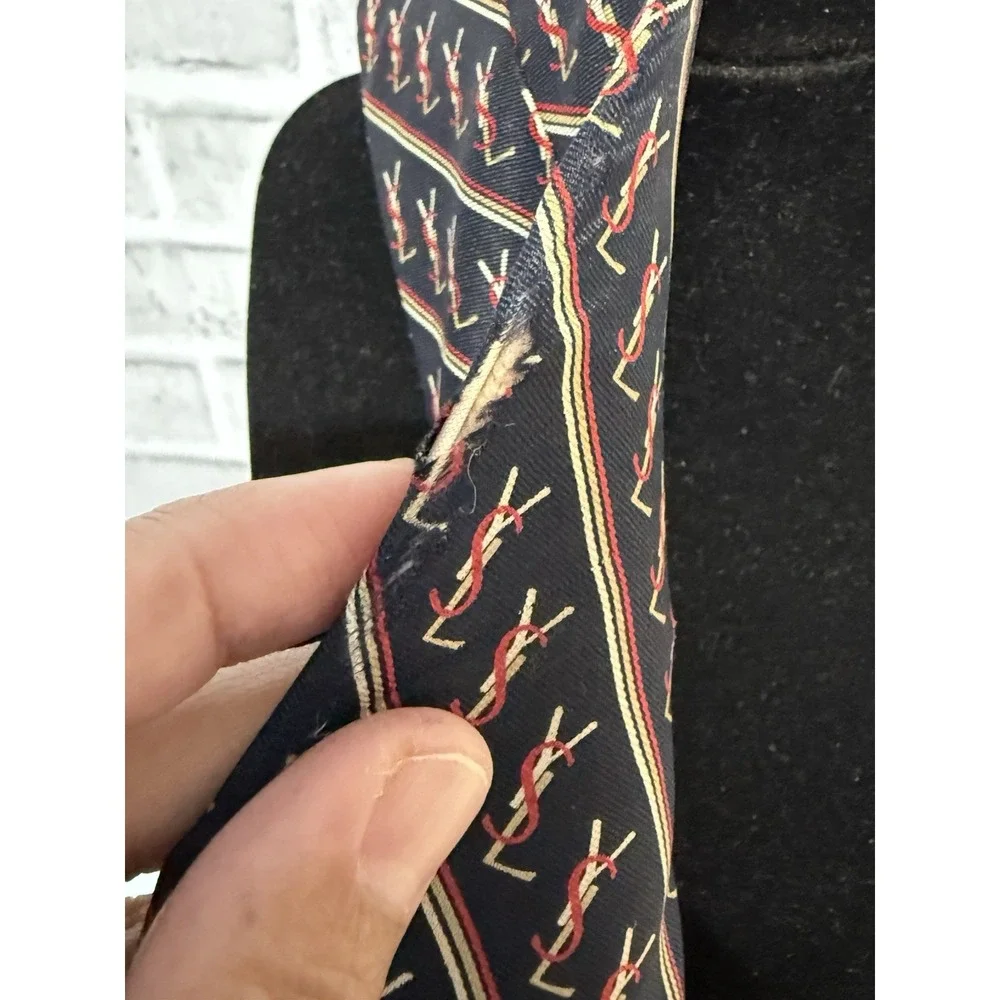 Yves Saint Laurent YSL Vintage Tie Navy Red Logo Monogram Designer Necktie USA